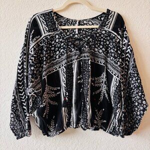 Free People sheer black and white printed front tie top size M